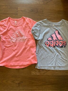 adidas Girls' Coral Pink and Heather Gray Logo Tees - Short Sleeve Duo